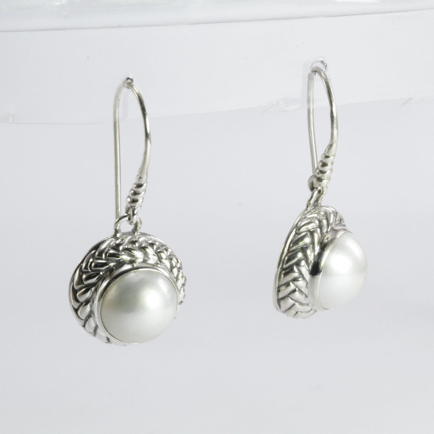 Beautiful white mabe pearl dangle drop earrings set in handmade woven edge carving art 925 sterling silver