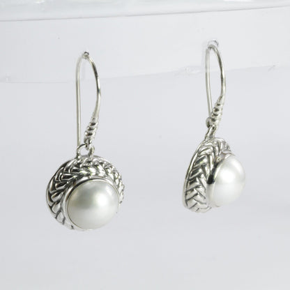 Beautiful white mabe pearl dangle drop earrings set in handmade woven edge carving art 925 sterling silver