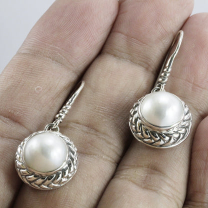 Beautiful white mabe pearl dangle drop earrings set in handmade woven edge carving art 925 sterling silver