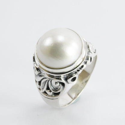 Natural round mabe pearl ring set in 925 sterling silver decorated with Handmade filigree art, 12 mm round mabe pearl wide band ring