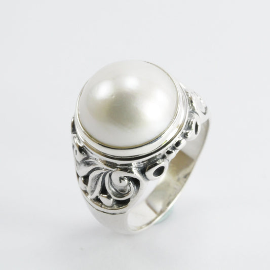 Natural round mabe pearl ring set in 925 sterling silver decorated with Handmade filigree art, 12 mm round mabe pearl wide band ring