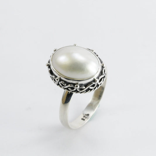 Bali Handmade crown ring design in 925 sterling silver with genuine oval 10*14 mm white mabe pearl, oval oearl ring