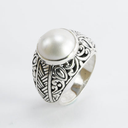Genuine round mabe pearl ring set in 925 sterling silver decorated with Handmade filigree woven art, 12 mm round mabe pearl wide band ring