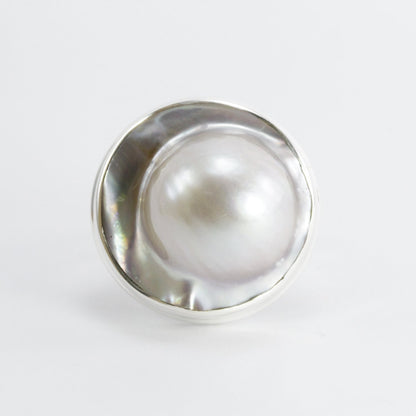RARE 20 mm genuine BLISTER mabe pearl set in Handmade ring 925 sterling silver, large blister pearl ring bezel set