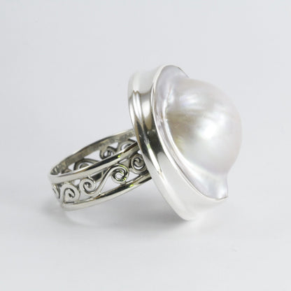 RARE 20 mm genuine BLISTER mabe pearl set in Handmade ring 925 sterling silver, large blister pearl ring bezel set