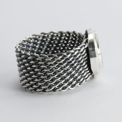 Handmade woven chain ring in 925 sterling silver with natural Australian Opal, Genuine fire Opal Ring