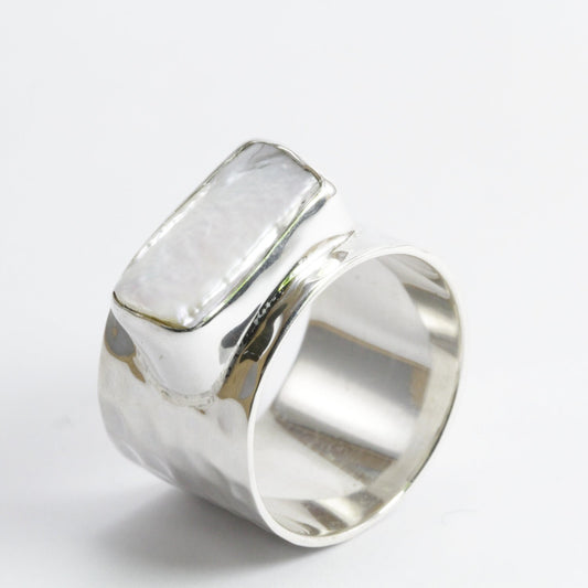 Solid Wide band ring with Natural Biwa Pearl bezel set 925 sterling silver decorated with hummer style, octagon biwa pearl ring