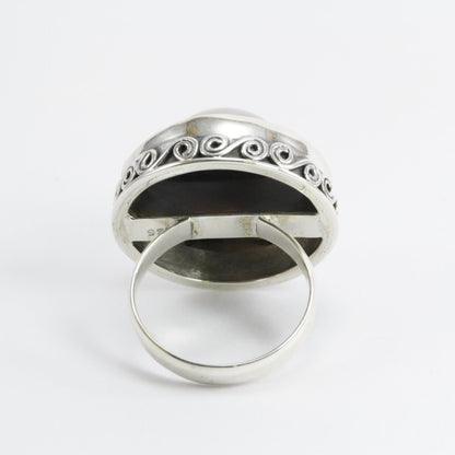 RARE 20 mm genuine BLISTER mabe pearl set in Handmade ring 925 sterling silver swirl filigree edge style, large blister pearl ring bezel set