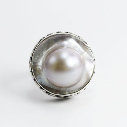 RARE 20 mm genuine BLISTER mabe pearl set in Handmade ring 925 sterling silver swirl filigree edge style, large blister pearl ring bezel set