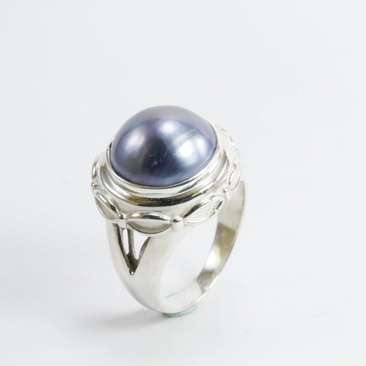 Bali Handmade split shank ring design in 925 sterling silver with genuine BLUE mabe pearl, BLUE mabe pearl ring,