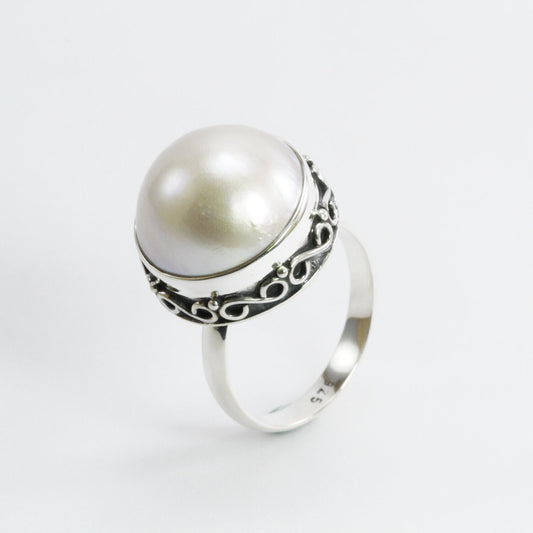 Handmade bezel set ring design 925 sterling silver with 14 mm genuine cultured white round mabe pearl decorated with swirl filigree edge,