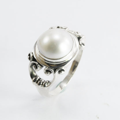 Handmade bezel set ring design 925 sterling silver with 12 mm genuine cultured white round mabe pearl decorated with swirl filigree shank