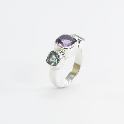 Three stone ring 925 sterling silver with 6 mm amethyst and 8 mm blue topaz