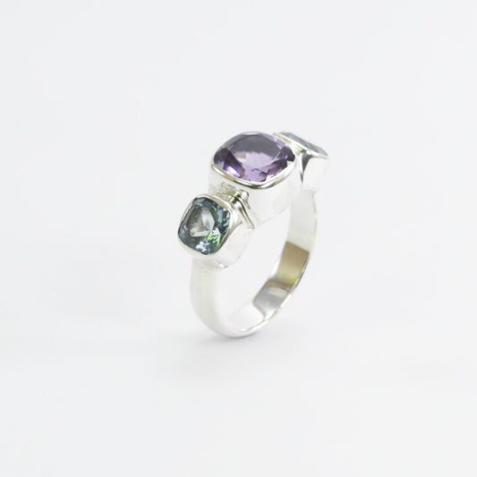 Three stone ring 925 sterling silver with 6 mm amethyst and 8 mm blue topaz