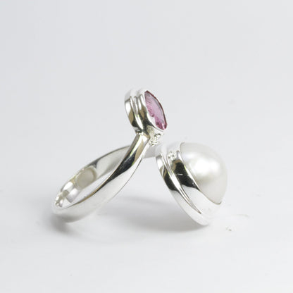 Handmade bypass freesize ring with genuine 12 mm white mabe pearl and natural Pink Tourmaline,