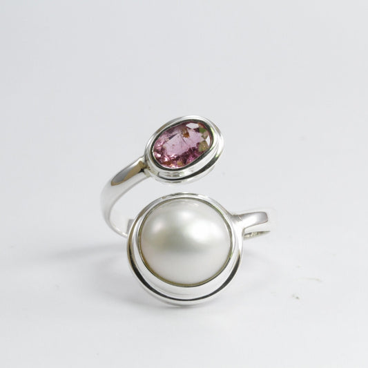Handmade bypass freesize ring with genuine 12 mm white mabe pearl and natural Pink Tourmaline,