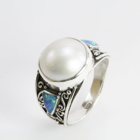 LUX white Mabe pearl ring decorated with handmade filigree and formed blue opal set in 925 sterling silver, 12 mm mabe pearl ring