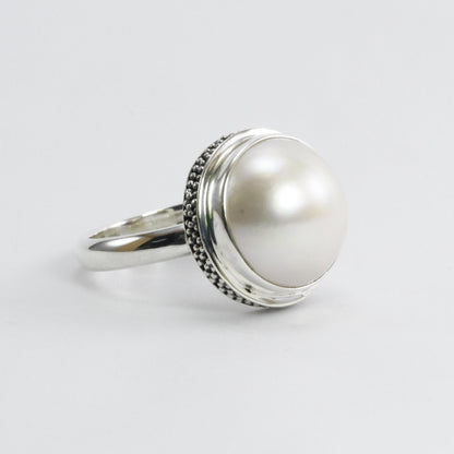 Genuine Round mabe pearl ring set in 925 sterling silver caviar dot carving