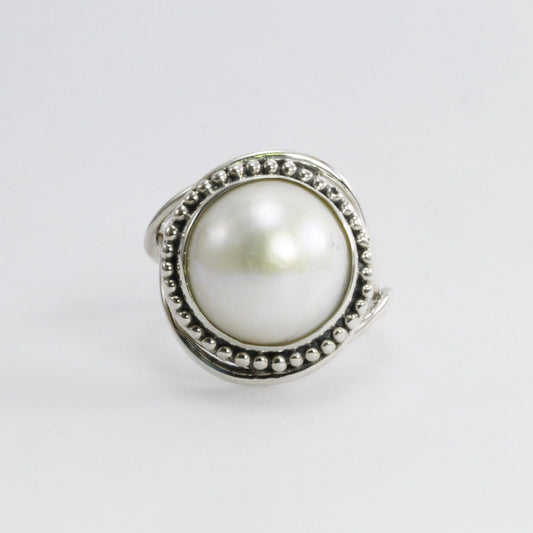 Handmade split shank ring 925 sterling silver with genuine round 13 mm south sea mabe pearl decorated with silver ball filigree