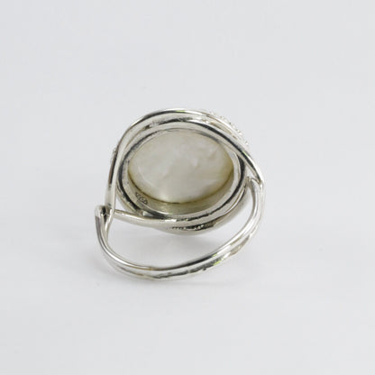 Handmade split shank ring 925 sterling silver with genuine round 13 mm south sea mabe pearl decorated with silver ball filigree