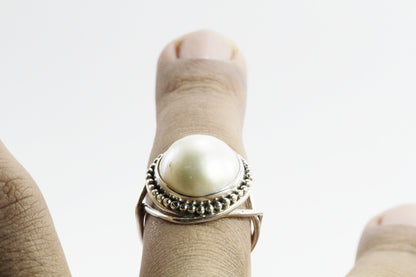 Handmade split shank ring 925 sterling silver with genuine round 13 mm south sea mabe pearl decorated with silver ball filigree