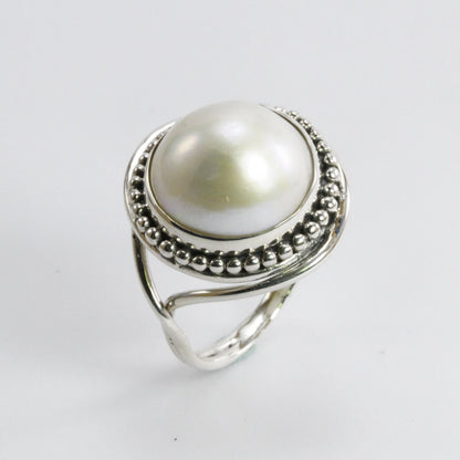 Handmade split shank ring 925 sterling silver with genuine round 13 mm south sea mabe pearl decorated with silver ball filigree