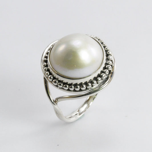 Handmade split shank ring 925 sterling silver with genuine round 13 mm south sea mabe pearl decorated with silver ball filigree