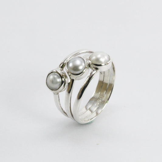 Handmade triple pearl ring bezel set in 925 sterling silver, genuine round fresh water pearl ring