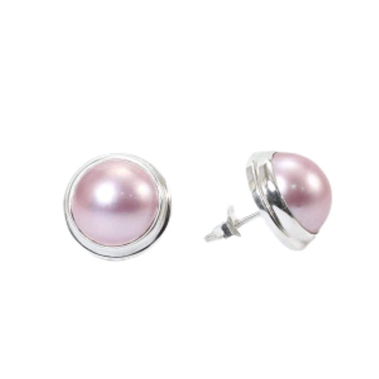 pink mabe pearl earrings stud Round 13 mm set in handmade double bezel 925 sterling silver