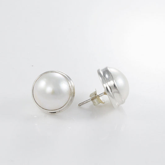 White Mabe Pearl stud earrings 925 sterling silver 13 mm round double bezel set