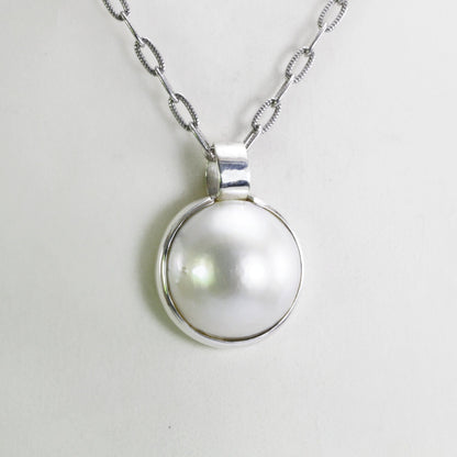 Mabe Pearl pendant necklace 925 sterling silver, Beautiful Round pearl 17 mm