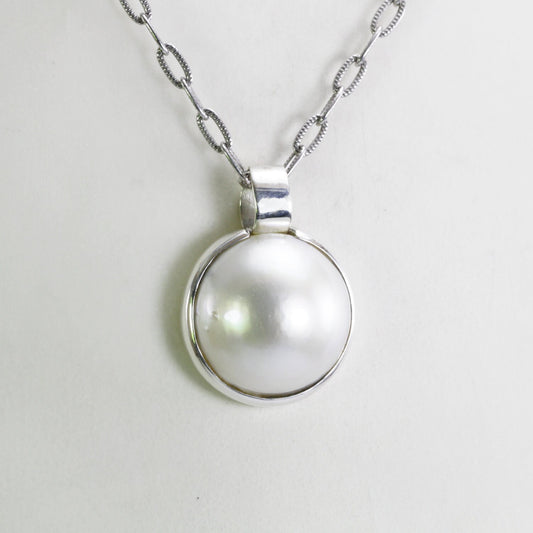 Mabe Pearl pendant necklace 925 sterling silver, Beautiful Round pearl 17 mm
