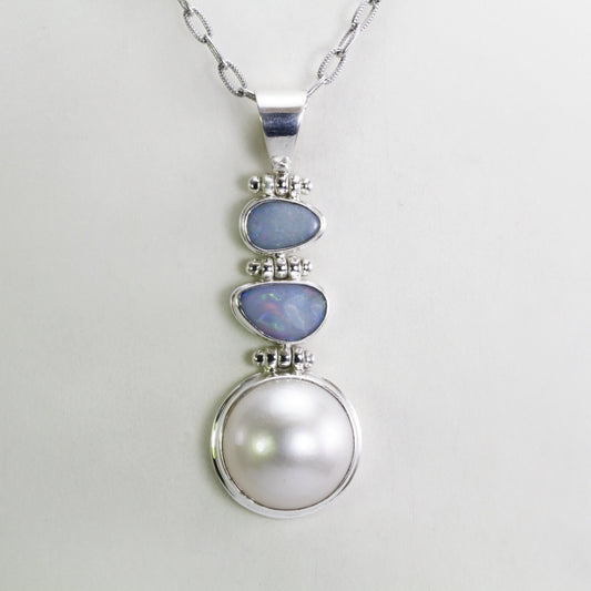 Beautiful 17 mm round mabe pearl necklace pendant with natural Australian opal set in 925 sterling silver