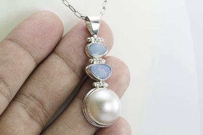 Beautiful 17 mm round mabe pearl necklace pendant with natural Australian opal set in 925 sterling silver