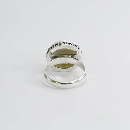 white mabe pearl ring 925 sterling silver 16 mm round decorated with  handmade crown filigree ornament