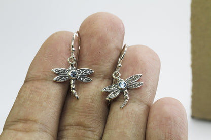 Beautiful dragonfly dangling earrings with genuine gems stone blue topaz set in 925 sterling silver decorated with swirl filigree art