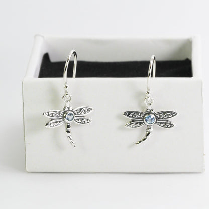 Beautiful dragonfly dangling earrings with genuine gems stone blue topaz set in 925 sterling silver decorated with swirl filigree art