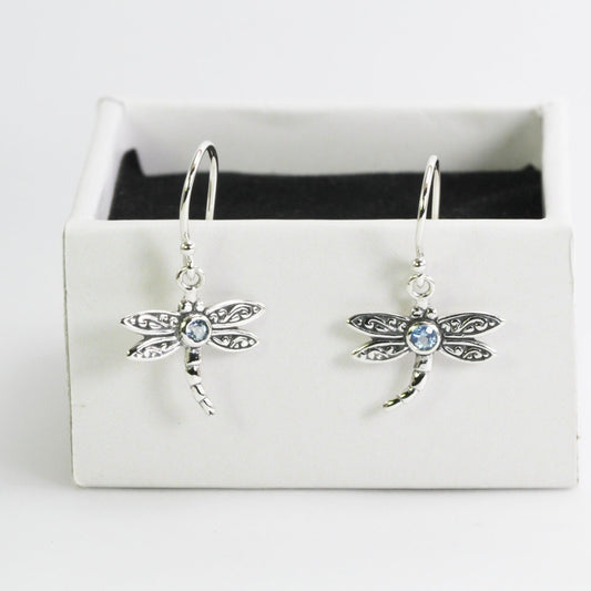 Beautiful dragonfly dangling earrings with genuine gems stone blue topaz set in 925 sterling silver decorated with swirl filigree art