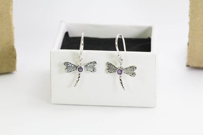 dragonfly earrings dangle 925 sterling silver with genuine gems stone and 18K gold decorated with swirl filigree ornament