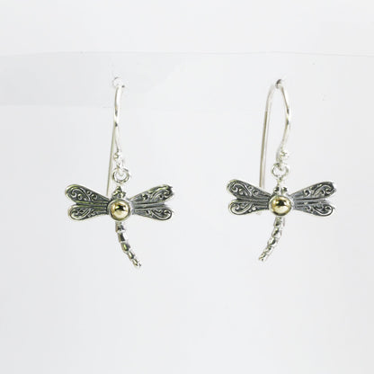dragonfly earrings dangle 925 sterling silver with genuine gems stone and 18K gold decorated with swirl filigree ornament