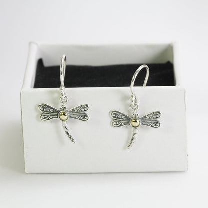 dragonfly earrings dangle 925 sterling silver with genuine gems stone and 18K gold decorated with swirl filigree ornament