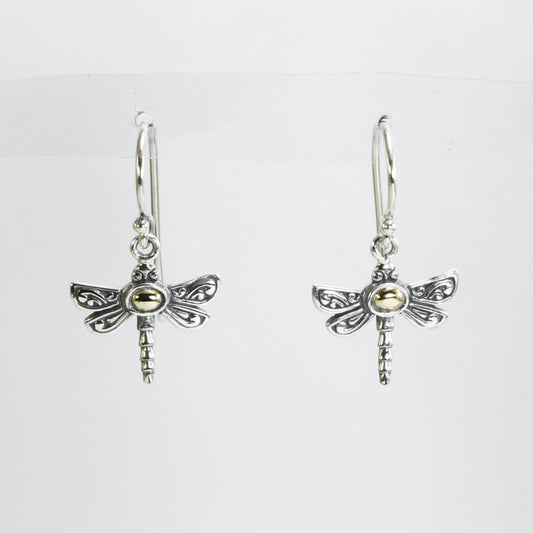 Beautiful dragonfly earrings 925 sterling silver , 18K gold accent decorated with swirl filigree ornament art