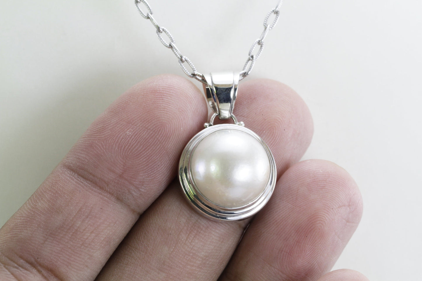 white mabe pearl pendant necklace 925 sterling silver double bezel set, sea pearl pendant