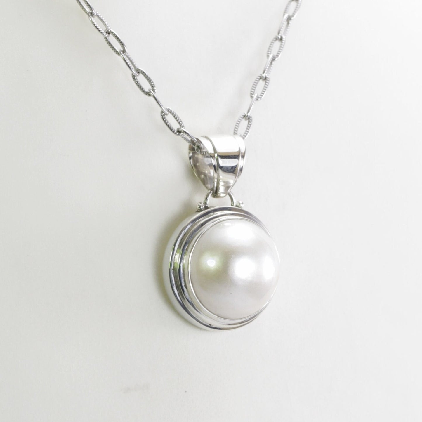 white mabe pearl pendant necklace 925 sterling silver double bezel set, sea pearl pendant