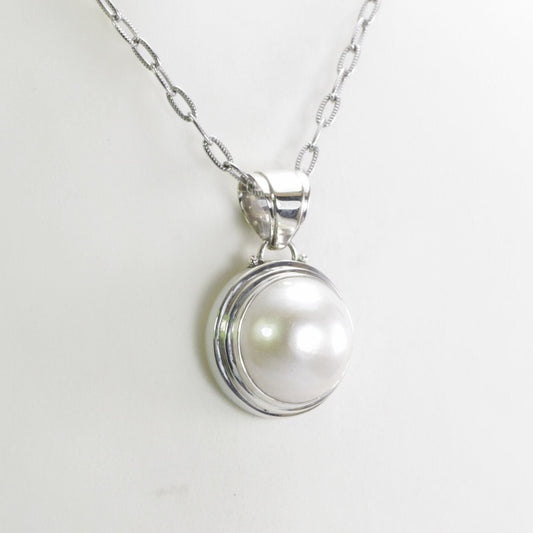 white mabe pearl pendant necklace 925 sterling silver double bezel set, sea pearl pendant