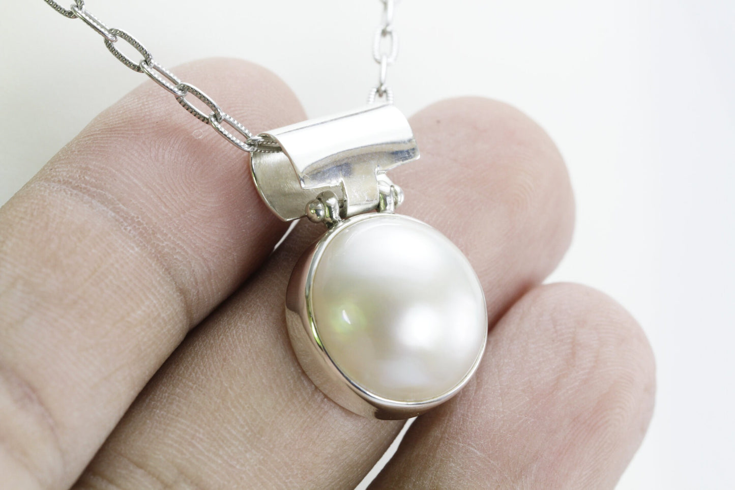 mabe pearl pendant necklace 16 MM round set in 925 sterling silver with chocker bale style