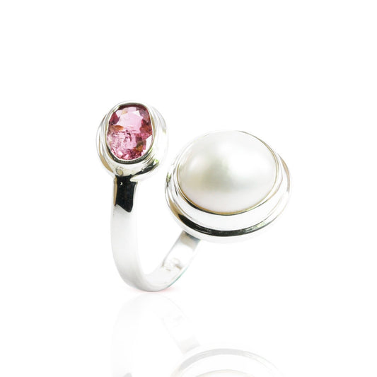 Handmade bypass freesize ring with genuine 12 mm white mabe pearl and natural Pink Tourmaline,