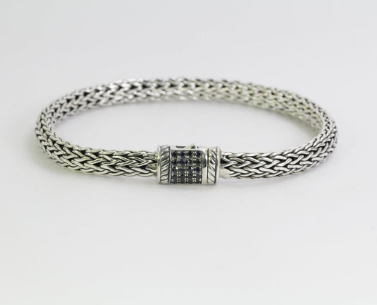 High Quality Bali handmade woven Dragon Bone chain 925 sterling silver bracelet 7.5" inch length decorated with genuine sapphire,