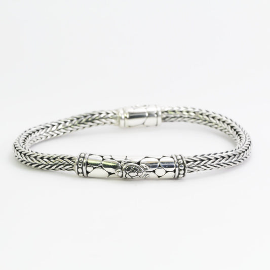 woven chain bracelet 925 sterling silver 7.5" inch length decorated with turtle ornament, 6MM round tickness