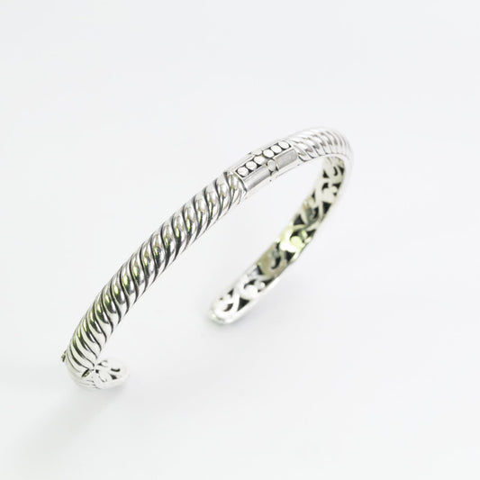 925 sterling silver Hinged Cuff Bangle Bracelet 7.5" inch decorated with cable style and cross carving art